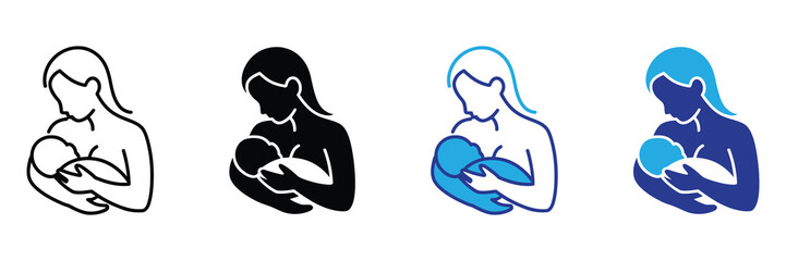 Mother breastfeeding baby icon, illustration of nurturing bond, motherhood symbol in various styles: line art, silhouette, color fills