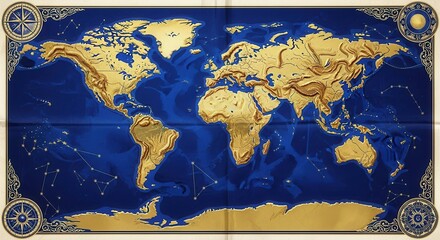 Artistic Gold World Map with Celestial Constellations and Compass