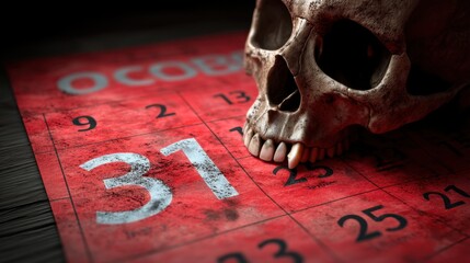 A skull rests beside a red calendar page marked with the date 31 symbolizing Halloween. The dark setting adds a spooky vibe preparing for the festive celebrations of the season.