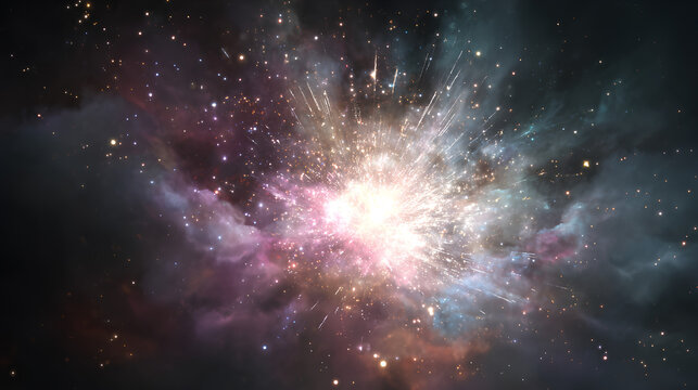 Cosmic, nova, explosion, iridescent, colours, radiant light create astral glow. Burst sparkles in overlay with white brilliance. Celestial galaxy perfect for surreal space and fireworks