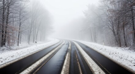Road disappearing into the fog with snow covered trees on a cold winter day landscape