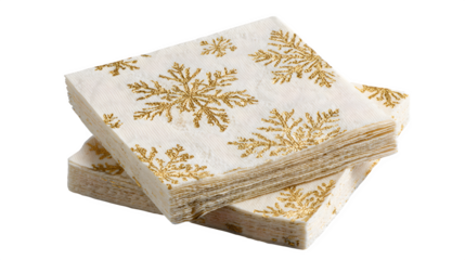Linen cocktail napkin with hand-painted gold snowflakes on ivory base, isolated on white background