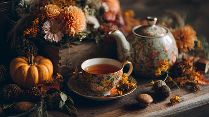 Cozy autumn tea arrangement featuring warm hues, seasonal decor, and wooden table background 