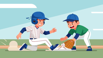 Exciting youth baseball game action with determined player sliding into base as opponent attempts tag, perfect for sports marketing and youth activities campaigns