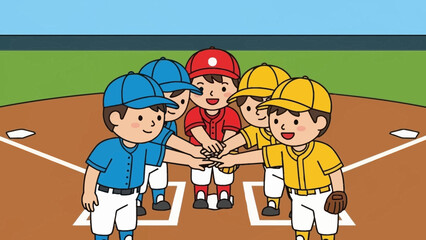 Youth baseball team huddle shows teamwork, sportsmanship and camaraderie on the field, ready for a winning game in a friendly competition, childhood joy