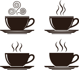 Coffee cup, steam illustration, hot beverage, black design, vector art, cafe icon, morning drink, stylized graphic, espresso symbol, warm refreshment