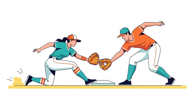 Intense softball game action with runner sliding into base as fielder reaches for the catch, perfect for sports promotion and athletic designs