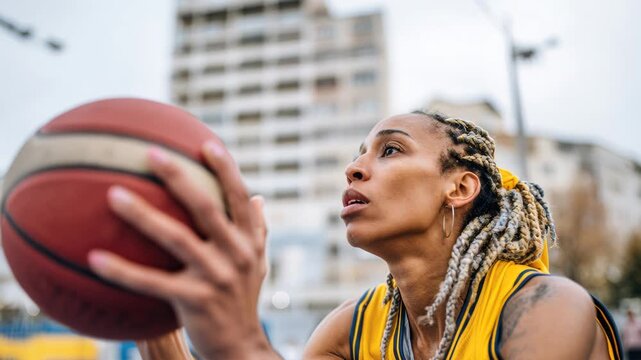 Young female athlete on outdoor court, intense close-up of player preparing shot and layup, braided hair with beads, visible arm tattoos, yellow jersey, city