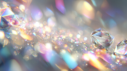 Crystal glow and prism sparkle with diamond reflection on transparent light background, magic flare, abstract shine and rainbow bokeh particles for modern design 