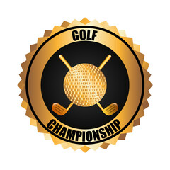 Golden golf championship emblem with crossed clubs and textured ball isolated on transparent...