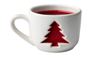 Minimalist white mug with recessed Christmas tree shape filled with red glaze, isolated on white background