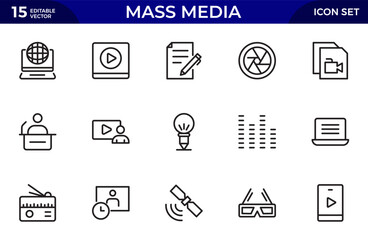 Mass media line icons set. media business concept. Media outline icons set.Thin outline icons pack. Vector illustration