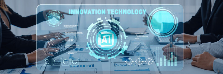 Modern workplace showcasing a high-tech collaboration with innovation technology concepts, digital...