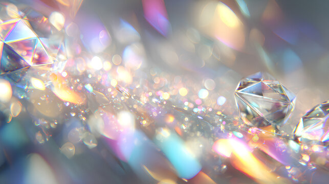 Crystal glow and prism sparkle with diamond reflection on transparent light background, magic flare, abstract shine and rainbow bokeh particles for modern design