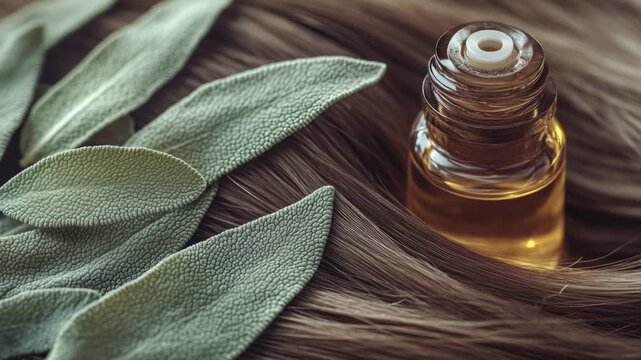 Video A close-up shot of a bottle filled with oil and featuring sage leaves