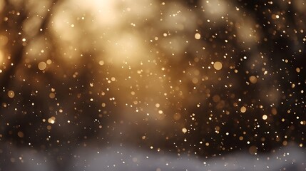 Soft bokeh lights of golden snow particles shimmering against a warm blurred winter background