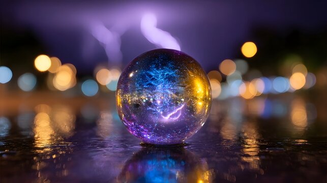 A captivating glass orb infused with electric energy and vibrant colors reflects the city s bokeh lights on a dark wet surface at night