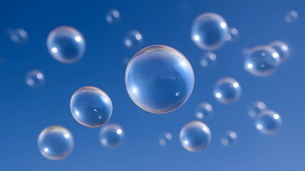 Many translucent bubbles float gracefully in a clear bright blue sky reflecting light