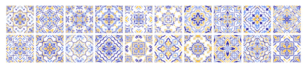 Fototapete Portugal Keramikfliesen Mediterranean ceramic tile set, border. Blue yellow seamless patterns, no background. Spanish, Sicilian, Portuguese, Italian traditional ornaments. Floral ethnic motifs, mosaic square designs. Vector  © Vodoleyka