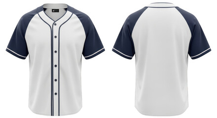 White and blue baseball jersey with buttondown front and contrasting sleeves isolated on transparent background