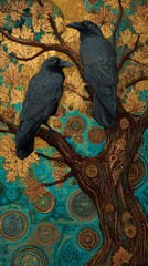 Naklejka premium Two ravens perched on a tree with golden leaves and mystical background