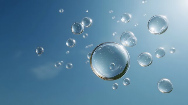 Many transparent reflective bubbles float serenely against a clear bright blue sky illuminated by sunlight - Powered by Adobe