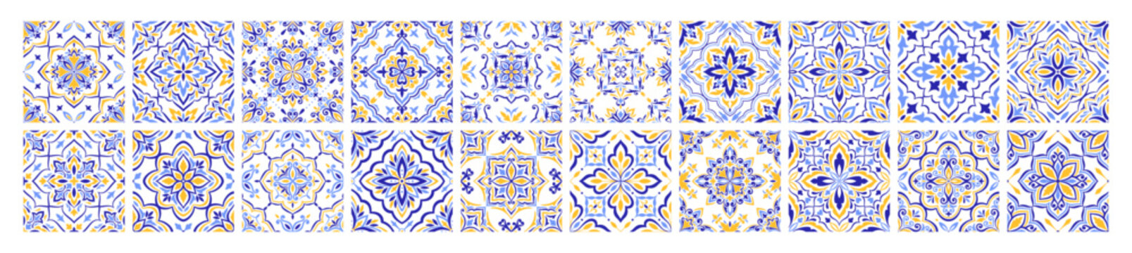 Mediterranean ceramic tile set, border. Blue yellow seamless patterns, no background. Spanish, Sicilian, Portuguese, Italian traditional ornaments. Floral ethnic motifs, mosaic square designs. Vector