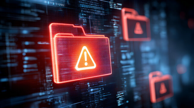 Cybersecurity file breach concept. Digital document and folder warning alert with error, malware attack, data corruption, and information loss through system vulnerability. 