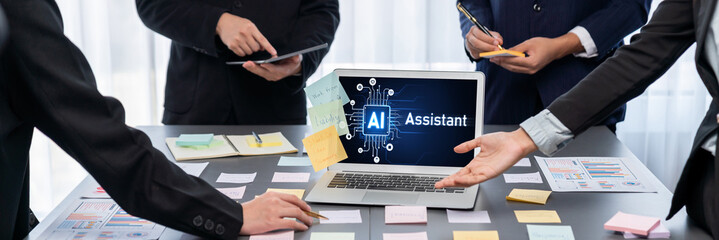 Analyst team use sticky note for creative and analytic brainstorm for business idea with BI data dashboard on laptop screen. Analysis financial data visualization tech for marketing strategy. Prodigy