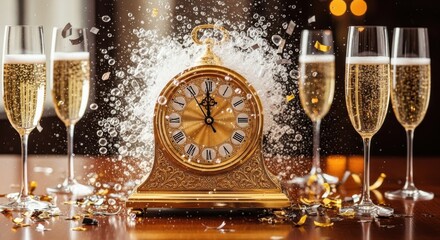 Golden clock striking midnight amidst champagne glasses celebrating new year's eve