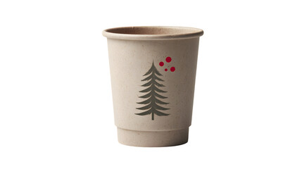 Recycled paper Christmas cup with minimalist tree silhouette and red dot accents, isolated on white background