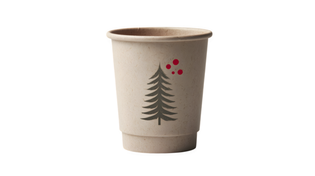 Recycled paper Christmas cup with minimalist tree silhouette and red dot accents, isolated on white background