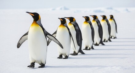 Fototapeta premium Group of King Penguins walking in line on snow