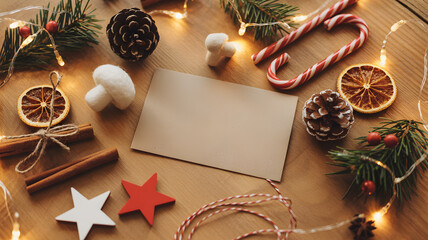 Cozy flat lay of Christmas decorations on a wooden table featuring candy canes, pine cones, and twinkling lights, centered around a blank beige card. Perfect for holiday themes!