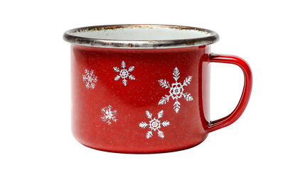 Red enamel holiday mug with white snowflake decals and vintage handle, isolated on white background