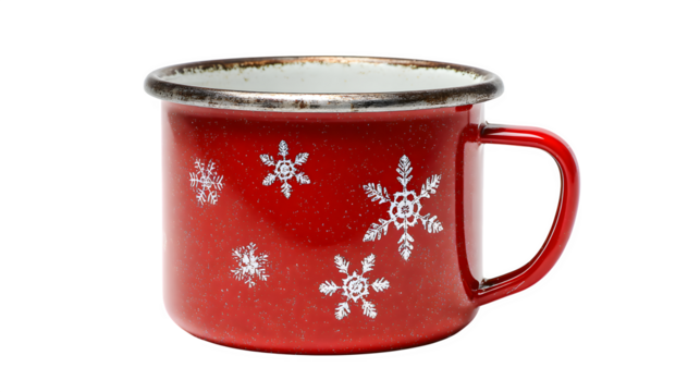 Red enamel holiday mug with white snowflake decals and vintage handle, isolated on white background
