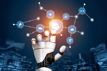 A futuristic robotic hand engages with a digital network display, showcasing the intersection of technology, innovation, and communication in a modern urban environment. Tessel