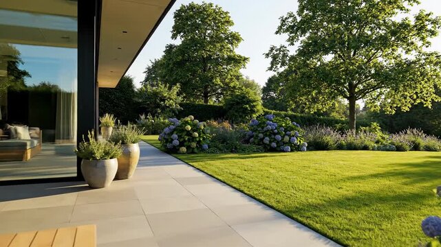 Modern architectural patio with lush green garden and natural sunlight