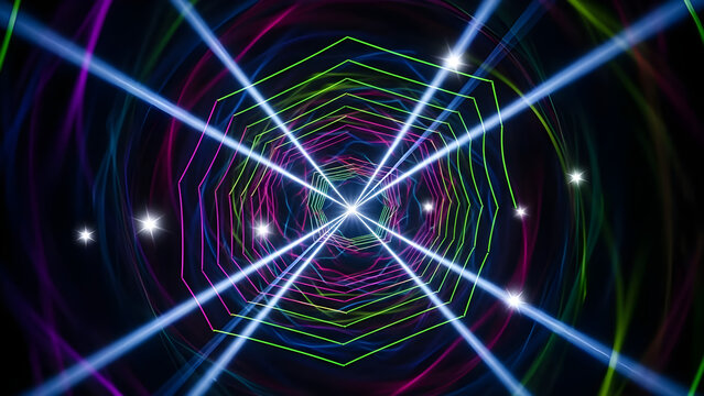 Abstract futuristic neon tunnel with geometric light beams and glowing particles - Powered by Adobe