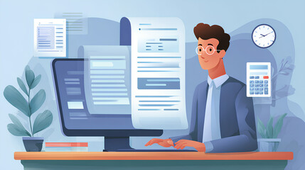 Digital invoice and billing management. Businessman using electronic invoice on computer, finance workflow, tracking payments and taxes, managing corporate accounting for business growth and success