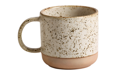 Speckled stoneware Christmas mug with unglazed base and glossy rim, isolated on white background