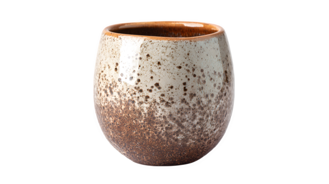 Speckled clay Christmas tumbler with raw rim and glossy interior, isolated on white background