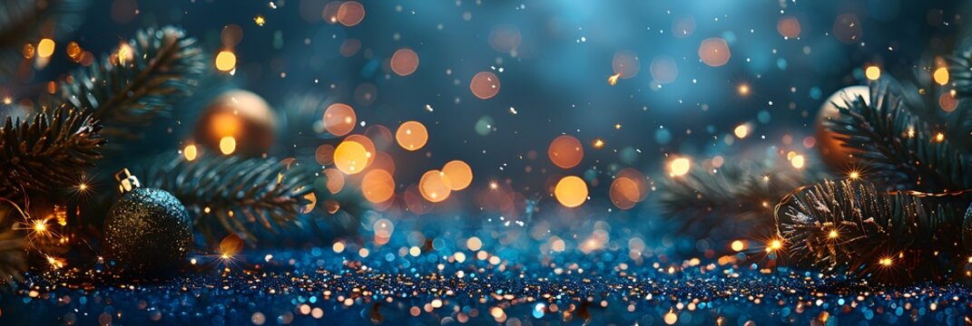 Panoramic Bokeh Christmas Lights Festive Decoration with Pine Needles