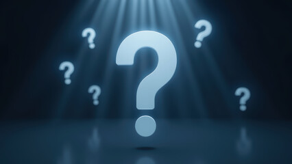Glowing question mark symbolizes curiosity and inquiry, surrounded by soft light beams creating mysterious atmosphere