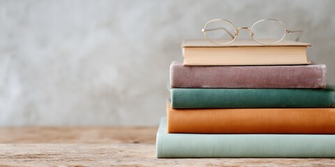 Stack of books with a pair of glasses on top