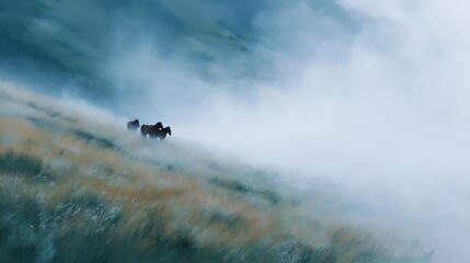 Group of horses are walking through a foggy field