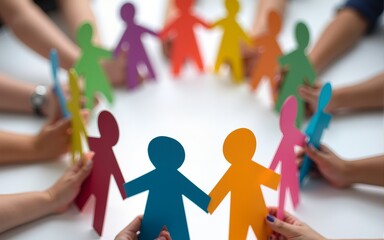 Colorful paper figures holding hands in a circle representing unity and community values during a creative arts gathering. High quality