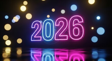 Glowing neon 2026 sign with bokeh lights illuminating a reflective surface for new year celebrations and futuristic designs