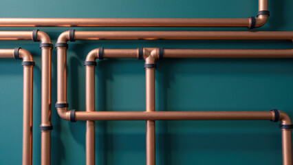 Copper pipes, plumbing, industrial design, wall installation, modern decor, home improvement