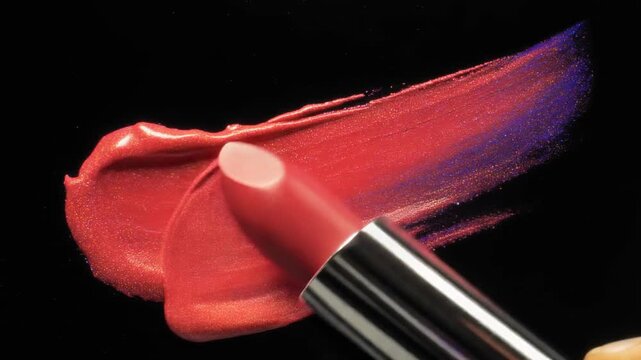 Red lipstick. Lipstick swatch. Makeup product. Cosmetic item. Beauty product. Red lip color. Lip gloss. Makeup on black background. Vector illustration.
